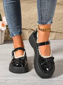 Women's Bow Contrast Color Mary Jane Platform Shoes, Thick Wedge Sole, Cute Preppy Style, Sweet Cool Retro Buckle Strap, Comfortable For Commuting And Daily Wear - Black - View 5