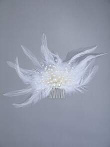 1pc Feather & Faux Pearl Decorated Party Hair Comb, Suitable For Wedding, Party, Holiday And Other Occasions - Silver - View 2