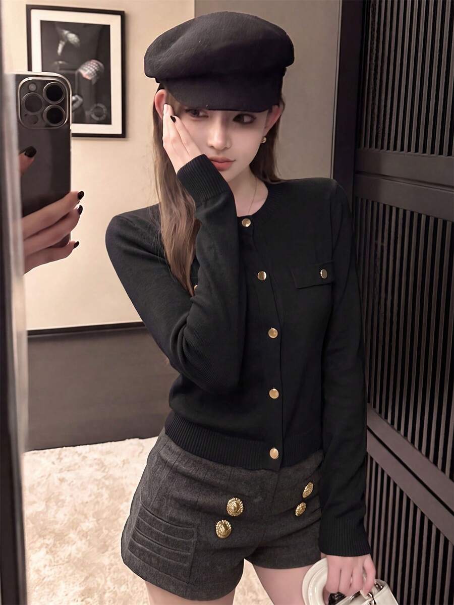 秋冬新款韓式甜美休閒女款針織開襟外套,溫柔風金屬鈕扣圓領前開修身長袖夾克上衣,百搭日常通勤 - 黑色 - 查看 1