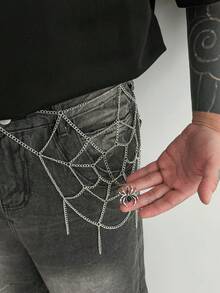 1pc Gothic Style Mesh Halloween Pants Chain, Hollow Spider Web Spider Pendant Waist Chain, Punk Hip Hop Style Jeans Accessory Gift For Autumn/Winter - White K - View 2