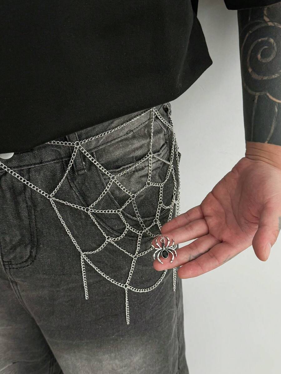 1pc Gothic Style Mesh Halloween Pants Chain, Hollow Spider Web Spider Pendant Waist Chain, Punk Hip Hop Style Jeans Accessory Gift For Autumn/Winter