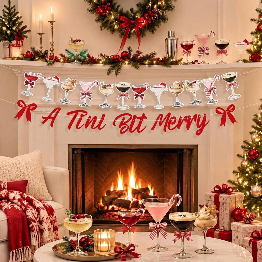 A Tini Bit Merry 橫幅套組,雞尾酒杯紙製花環,聖誕馬丁尼主題派對三角旗,居家房間節日酒吧牆面掛飾裝飾 - 彩色 - 查看 1