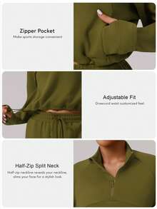Sodalemon Women Half Zipper Solid Color Sweatshirt Pockets Drawstring Waist Casual Outdoor Workout Activewear Thumb Hole Running Sport Top - Olive Green - View 3