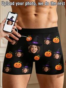 Men's Custom Smiling Female Face Witch Hat & Pumpkin Lantern Pumpkin Print Black Polyester Boxer Briefs, Halloween Romantic Humorous Couple Gift & Daily Wear - Multicolor - View 2