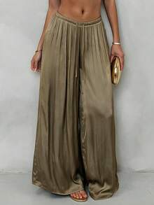 Women's Olive Green Wide Leg Pants, High Waist Elastic Drawstring Loose Draped Long Pants With Pockets, Suitable For Casual, Office, Commute, Travel And Daily Wear - Olive Green - View 7