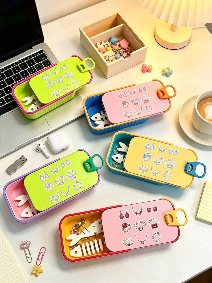 Cute Aesthetic Jewelry Stickers Mini Jewelry Storage Box, With Fishbone Divider And Snap Seal, Portable Jewelry Box For Earrings, Rings, Necklaces, Suitable For Commuting, Short Trips, Desktop Vanity, Ideal For Jewelry Lovers, Portable Earring Box, Mini Jewelry Organizer, Portable Ring Storage Box, Cartoon Jewelry Box, Travel Small Jewelry Storage Box - Multicolor - View 1