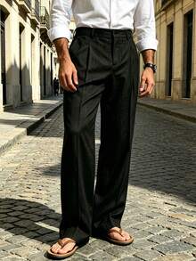 Men's Solid Color Straight Leg Casual Pants With Pockets, Daily Commute, Vacation Leisure - Black - View 2