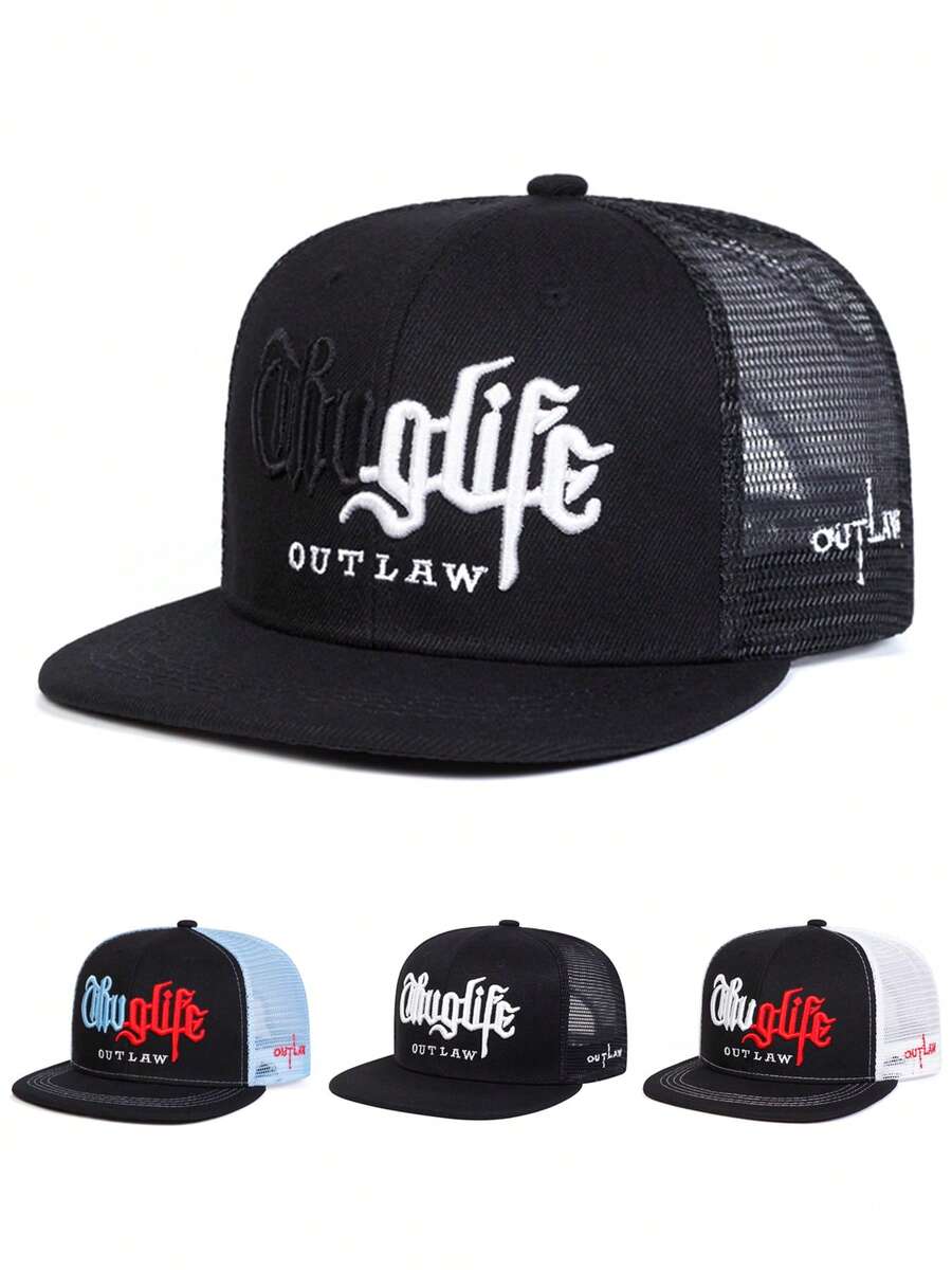 1pc Fashion Breathable Mesh Hat Riot Embroidered Hip Hop Hat Outdoor Adjustable Sunshade Hat Daily Casual Decorative Hat Unisex Flat Edge Baseball Hat - Mesh Hat - View 1