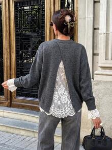 Women's Lace Patchwork Casual Versatile Daily Wear Knit Top - Grey - View 2