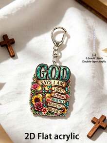 2D Flat "God Said I Am" Floral Cross Acrylic Keychain, Christian Religious Pendant Key Chain, Inspirational Faith Bag Charm, Holiday Birthday Gift For Believer Friends - Multicolor - View 3