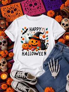 Women's Happy Halloween Pumpkin & Ghost Print Short Sleeve Round Neck T-Shirt, Casual Polyester Slight Stretch Top for Fall - Blanco - Ver 3