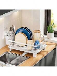 Rak Pengeringan Piring Countertop Dengan Pemegang Utensil, Penyelenggara Penguras Piring & Mangkuk Kompak, Tempat Penyimpanan Wastafel Dapur Hemat Ruang, Rak Penguras Alat Makan Rumah Tangga Untuk Dapur Kecil, Aksesori Dapur Apartemen Rak Penyimpanan Sink Serbaguna - Putih - View 4