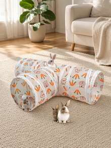 Rabbit Tunnel, Collapsible 3-Way Bunny Play Tunnel Tube With Cute Carrot Print, Interactive Foldable Peek Hole Small Animal Activity Maze Toy With Hanging Ball, Indoor Hideout Exercise Channel For Rabbits, Guinea Pigs, Ferrets - A-1PCS - View 5