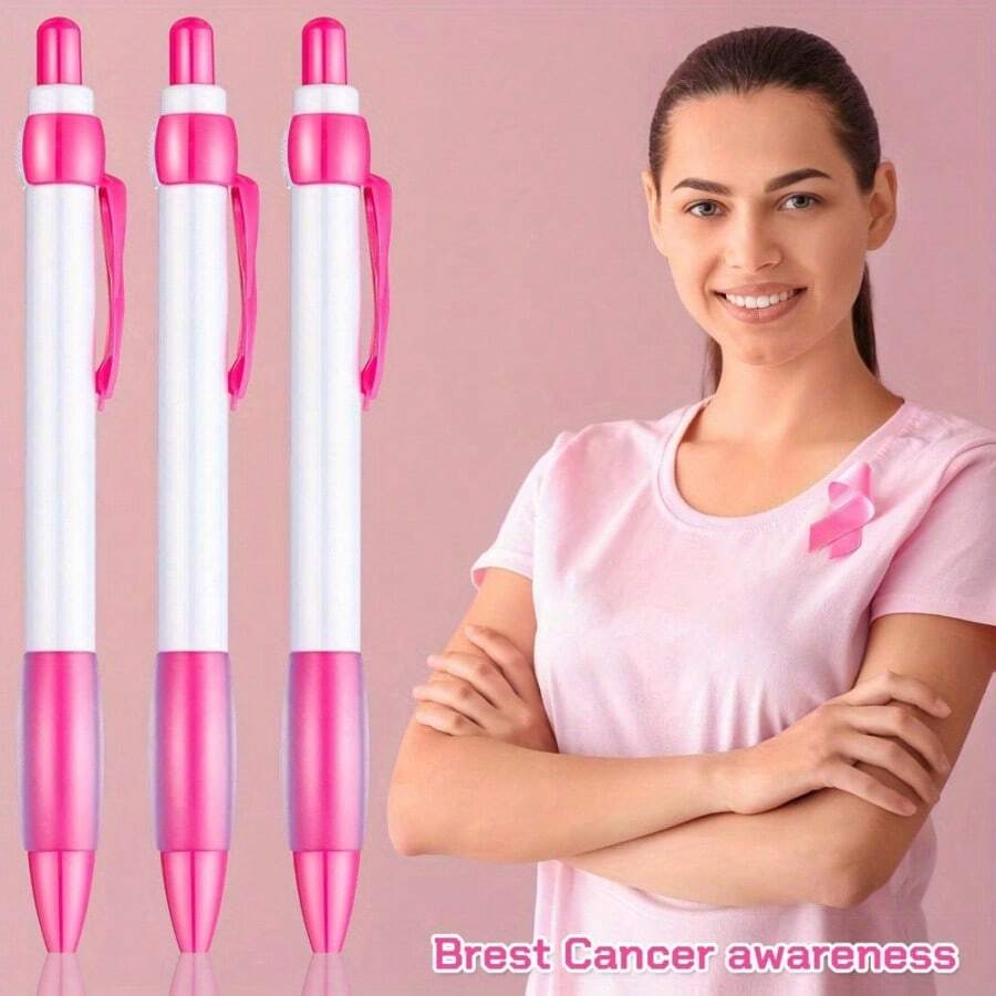 10pcs "Breast Health Care" Theme Ribbon Pens, Creative Pink Push-Button Ballpoint Pens, Breast Cancer Awareness Gifts, Unique Ribbon Clip Design, Spreading Hope And Care, Black Ink, Smooth Writing - Pink - View 1