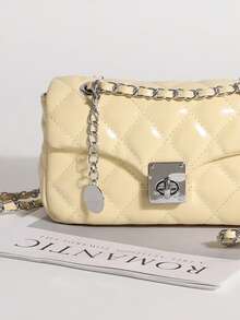 2026 Women's Luxury Quilted Diamond Embroidered Solid Color PU Leather Chain Lock Shoulder Bag, Small Handbag, High-End Fashion Versatile Crossbody Bag Suitable For Daily Outings, Work Commute, Parties, Afternoon Tea And More Occasions (Gift Box Not Included) - Yellow - View 4