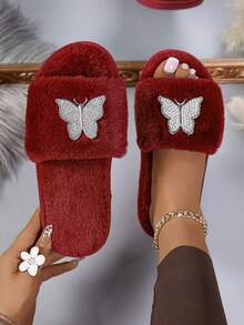 Vintage Burgundy Plush House Slippers, Full Fur With Rhinestone Butterfly Decor, Open Toe Flat Design, Women's Autumn/Winter Indoor Casual Warm Home Fuzzy Slides - Red - View 5
