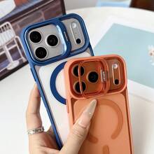Casing Ponsel dengan Braket Lensa Magnetik, Penutup Lensa Lipat Braket Tersembunyi, Pengisian Nirkabel MagSafe, Tekstur Kulit Matte Semi Transparan Anti Jatuh Perlindungan Penuh Kompatibel dengan Seri 18 Pro Max/18 Pro/18/Duo/17/Air/16/15/14/13/12/11 - Biru - View 3