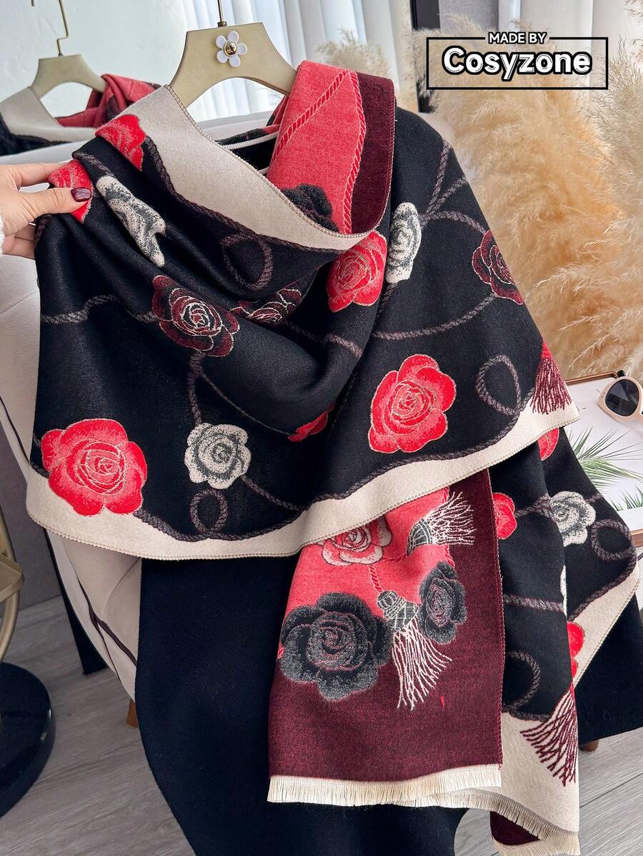 1件仿羊絨優雅圖案提花保暖圍巾,女款,冷氣房毯,秋冬戶外旅行防寒護頸,柔軟裝飾圍巾披肩雙用,適合日常搭配,送禮首選 - 彩色 - 查看 1