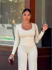 European & American Style U-Neck Long Sleeve Cropped Top & Flared Pants 2 Pieces Set, Slim Fit Women's Outfit - Apricot - View 5