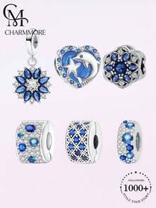 1pc Blue Full Rhinestone Ocean Style Beaded Charm, Suitable For Women's Bracelet, Bangle DIY Jewelry Making And Daily Wear Accessories - Silver - View 11
