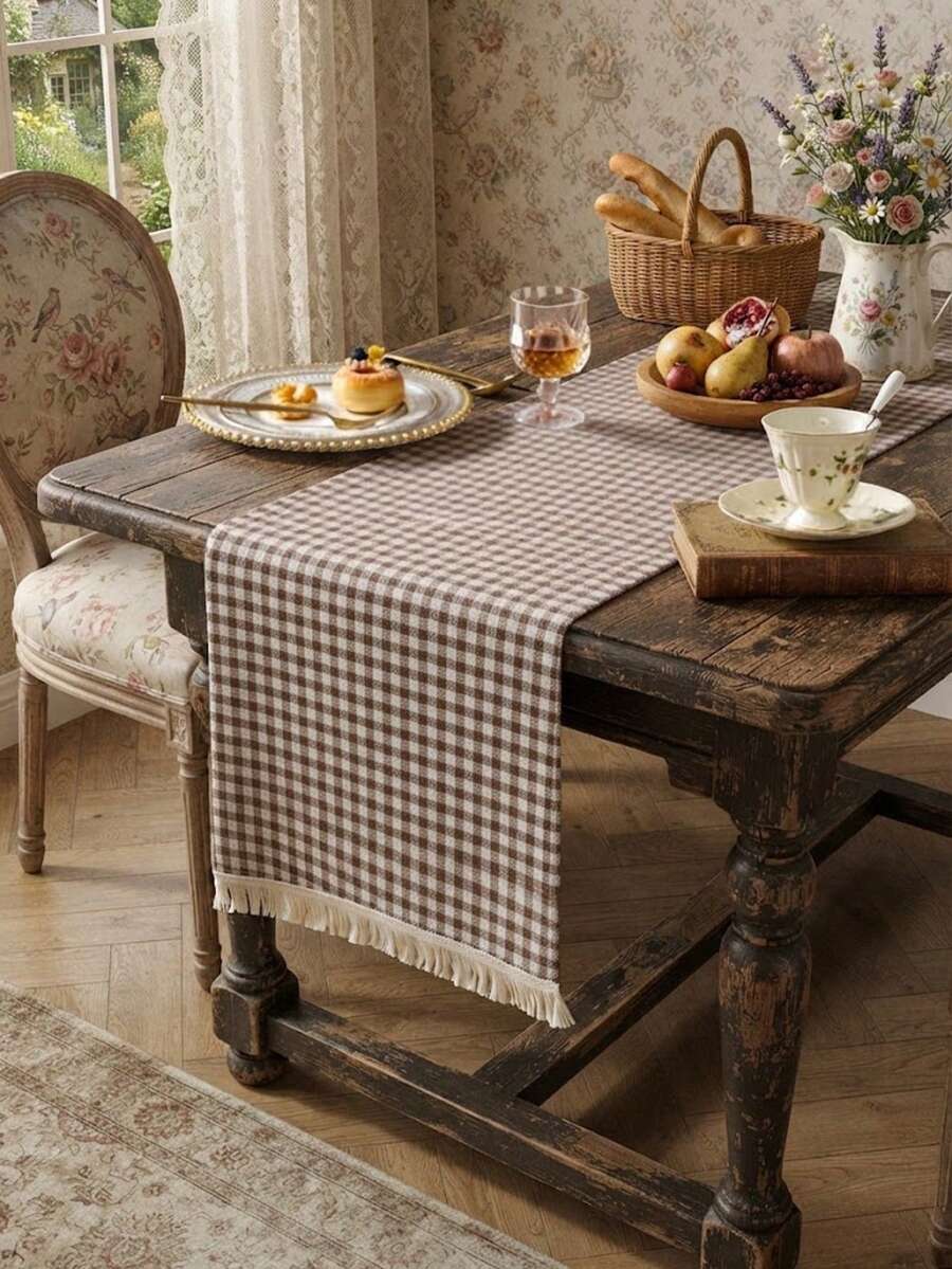 1/20pcs Vintage Minimalist Brown & White Small Checkered Tassel Edge Table Runner, Lightweight & Breathable, Home Dining Table, B&B Dining Table, Holiday Gathering, Picnic Decor, Entryway Console Table Decoration - Brown - View 1