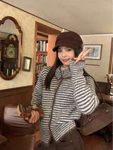 Vintage Striped Knit Cardigan Sweater Jacket For Women, Winter Loose Casual Versatile Lapel Knit Top - Blue Coffee - View 4