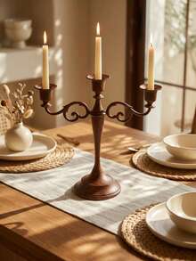1Pc Retro Carved Alloy Candelabra, Imitation Wood‑Grain 3/5 Arms Candle Stick Holder, Centerpiece For Dining Table, Wedding, Ramadan, Party Home Ornament. - Classic - View 9