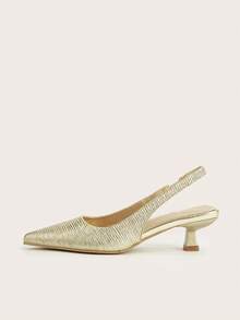 Women's Solid Color Ruched Kitten Heel Shoes, Elegant Pointed Toe High Heels, Fashion Ankle Strap Open Back High Heels (Random Cut) - Gold - View 5