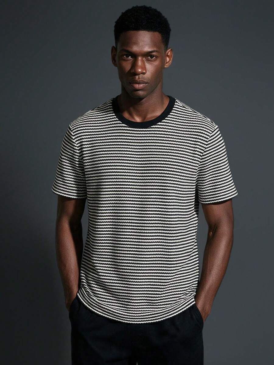 Camvyn Men's Summer Casual Fashion Jacquard Slim Fit Crew Neck Short Sleeve T-Shirt - Black - View 1