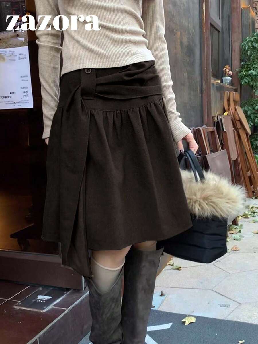 Women's Solid Color Korean Style A-Line Skirt, High-End Elegant - Brown - View 1