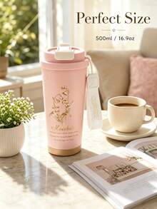500ml Lily Flower Pattern Travel Mug/Coffee Cup, Stainless Steel Material, Vacuum Insulated, Suitable For Water, Iced Tea, Coffee, Milkshake And Other Beverages, Leak-Proof Design, Exquisite Gift, Free Gift Box - Multicolor - View 2