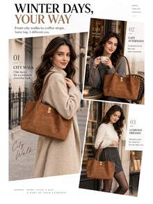 2pcs Brown Faux Suede Tote Bag Set, Women's Large Capacity Shoulder Handbag With Storage Bag, Casual Commute Work Bag, Autumn/Winter Daily Use - Evonik - View 10