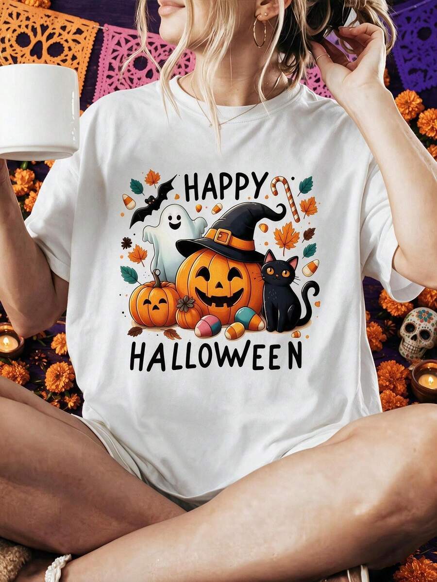 Women's Happy Halloween Pumpkin & Ghost Print Short Sleeve Round Neck T-Shirt, Casual Polyester Slight Stretch Top for Fall