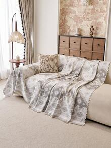 1pc Bohemian Geometric Tassel Sofa Throw, Universal Full Coverage Sofa Cover, Machine Washable Pet-Friendly Furniture Protector, Suitable For Living Room - Grey - View 6