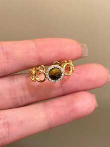 3pcs Vintage Minimalist Copper Alloy Brown Tiger Eye Open Ring Set, Suitable For Women's Daily Wear And Gatherings - Golden Yellow + Brown - View 8