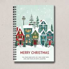 "Snowy Town" Christmas Theme Spiral Bound Notebook - Winter Snow Scene, Colorful Houses And Pine Tree Pattern, A5 Size Coil Notebook, Festive Christmas Stationery Gift - Lined Book - View 5