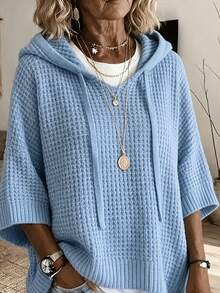 Women's Plus Size New Autumn/Winter Hooded Knit Top, Waffle Texture V-Neck Drawstring Hoodie, Loose Drop Shoulder Mid-Sleeve Casual Pullover Sweater - Blue - View 4