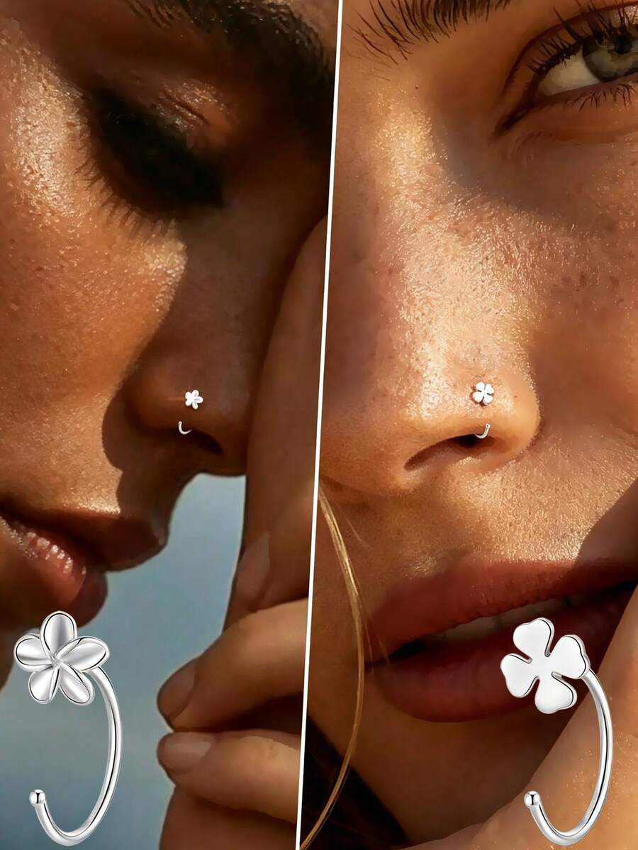 1pc Minimalist Fashion Clover Floral Nose Ring, S925 Sterling Silver Material, Suitable For Daily Wear, Ideal Gift Choice - Single - View 1
