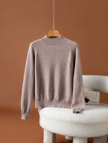 HEYMINI 100% Cashmere, Solid Color Minimalist Mock Neck Cashmere Sweater, Basic Long Sleeve Slimming KnitTop, Comfortable Autumn/Winter Outfit - Maroon - View 9