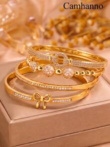 4/1pc Ladies' 18K Gold Plated Stainless Steel And Copper Bracelet Exquisite Multi Style Combination Set Temperament Layered Commuting Bracelet - Gold - View 11