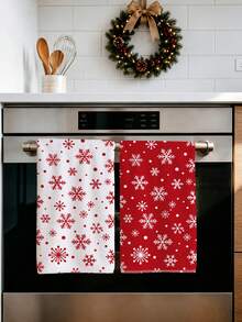 2pcs Christmas Minimalist Red & White Polka Dot Snowflake Pattern Kitchen Towels, 40*60cm Soft Microfiber Tea Towels, Suitable For Home Kitchen Restaurant Outdoor Camping Tabletop Cleaning Dish Cloth Hand Towel Accessories, Christmas Theme Kitchen Towels Holiday Gift Giving - Multicolor - View 7