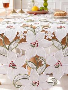 1pc Lily Flower Embroidered Tassel Table Runner, Elegant Dining Table Decor, Suitable For Dining Table, Party And Home Decoration - White - View 7