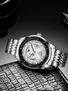 NSNEVER STOP NS Round Steel Band Business Casual Quartz Men's Wrist Watch With Rotating Crown, Folding Clasp, Suitable For Daily Commute, Multiple Festivals, Gift Box Watch - White - View 2