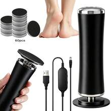 Electric Foot Callus Remover, USB Wired 0‑600RPM Adjustable Speed Forward & Reverse Rotation Pedicure Tool, Aluminum Alloy Foot Grinder With 60Pcs Coarse & Fine Replaceable Sandpaper Discs For Dead Skin Callus Cracked Heels. - Black - View 1