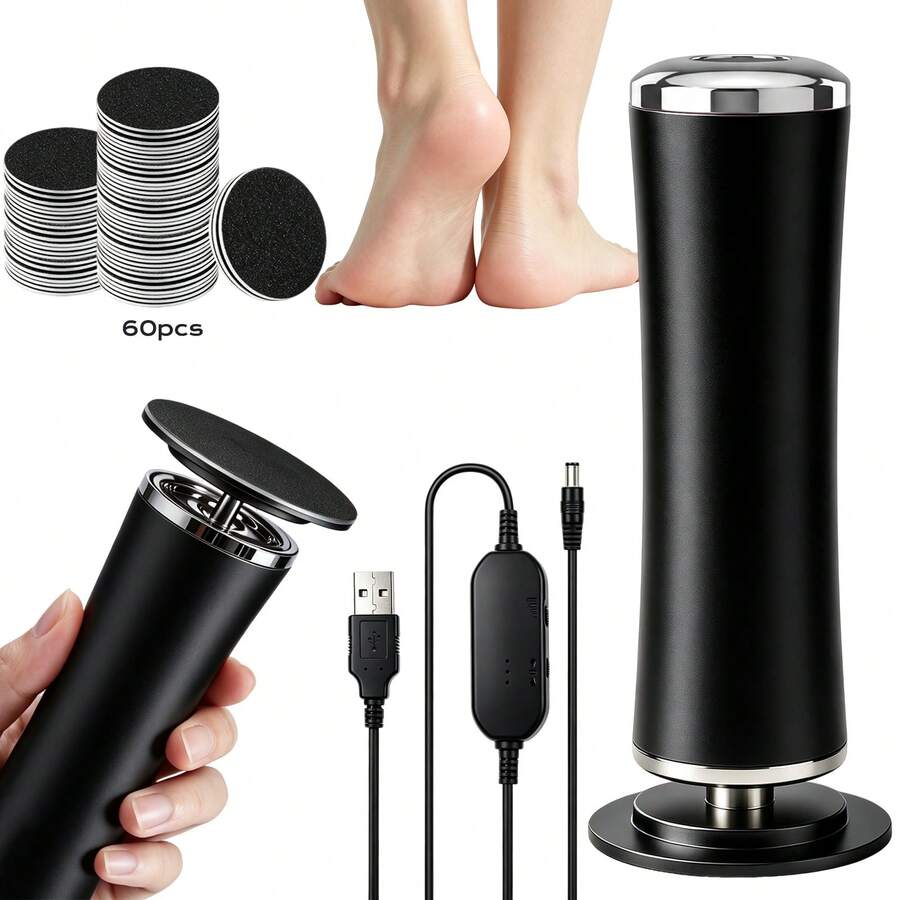 Electric Foot Callus Remover, USB Wired 0‑600RPM Adjustable Speed Forward & Reverse Rotation Pedicure Tool, Aluminum Alloy Foot Grinder With 60Pcs Coarse & Fine Replaceable Sandpaper Discs For Dead Skin Callus Cracked Heels. - Black - View 1