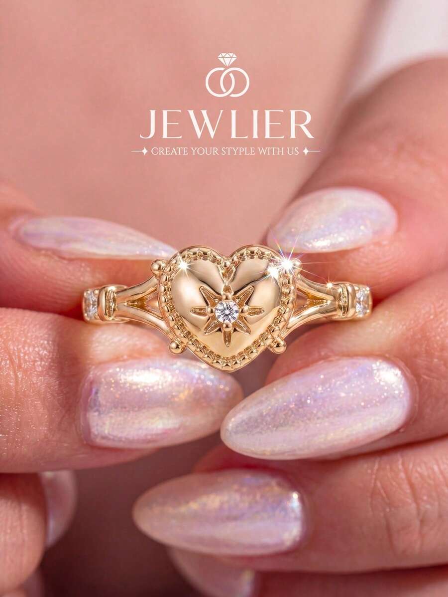 1pc Size S Diamond Heart Design Ring, Elegant Double Layer Ring, Fashion Jewelry Gift, Suitable For Daily Wear/Mother's Day