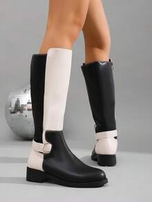 Black & White Colorblock PU Round Toe Low Chunky Heel High Shaft Riding Boots, Metal Square Buckle Strap Decor, Matte PU Leather, Black & White Contrast Patchwork, Rounded Toe, Low Square Chunky Heel, Straight High Shaft, Colorblock Shaft Design, Metal Square Buckle Strap Detail At Ankle, Rear Zipper Closure - Black and White - View 4