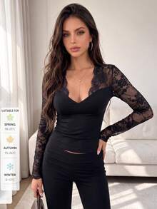 SUNSTORY Women's Elegant Black Lace Patchwork V-Neck Long Sleeve Top, Suitable For Daily, Outdoor, Date, Street, Party, Halloween Occasions - Black - View 11