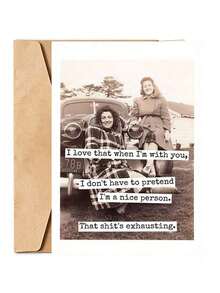 1pc Humorous Birthday Card, Two Women Riding On Head Pattern, Text "I Love Being With You Because I Don't Have To Pretend", Cartoon Pattern Humorous Friendship Card, Best Gift For Friends And Family, High Quality Printing, Includes Envelope - Multicolor - View 6