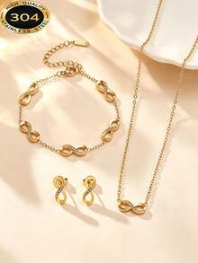 1 Set 18K Gold Plated Rhinestone Stainless Steel Lucky Four-Leaf Clover Necklace, Bracelet, Earrings 3 Pieces Set, Designed For Women, Suitable As Birthday, Wedding Gift - Yellow Gold - View 1